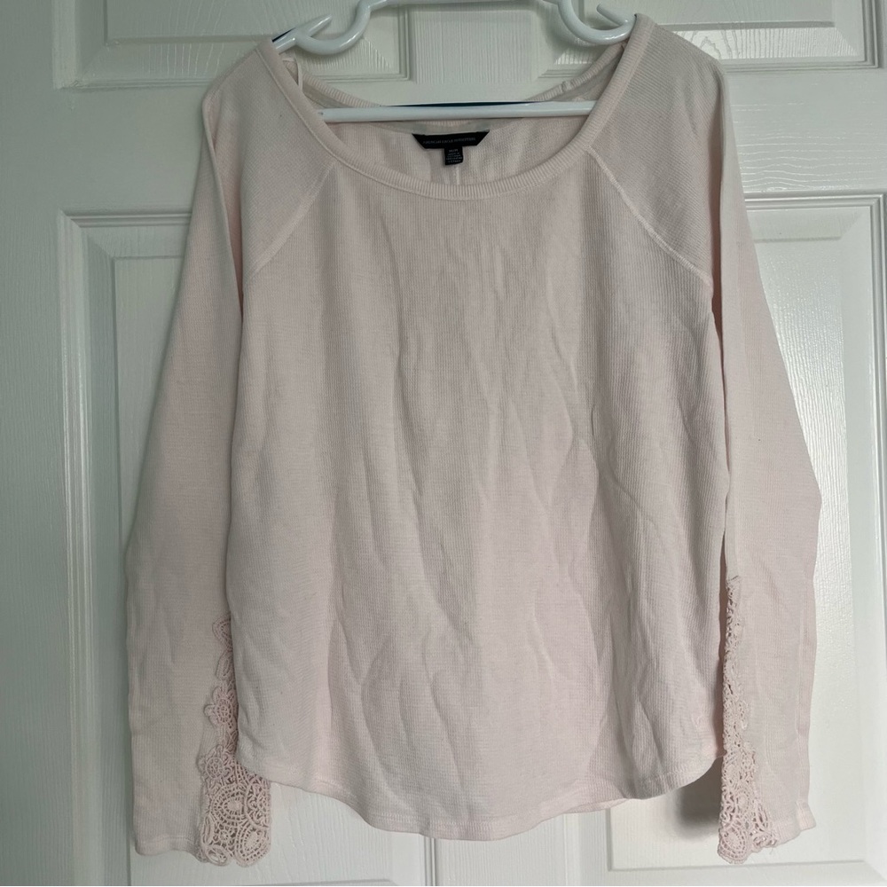 American Eagle  Pink Waffle Thermal Embroidered Women's T Shirt Top Blouse